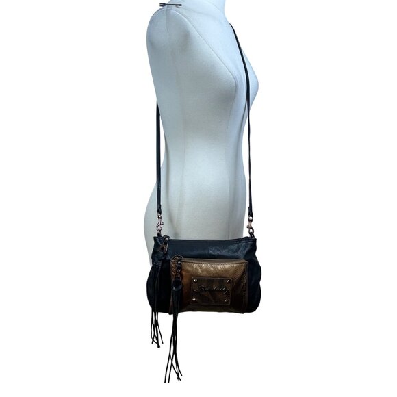 B. Makowsky Women’s Black & Bronze Leather With Fringe Zippered Crossbody Bag - Picture 11 of 15